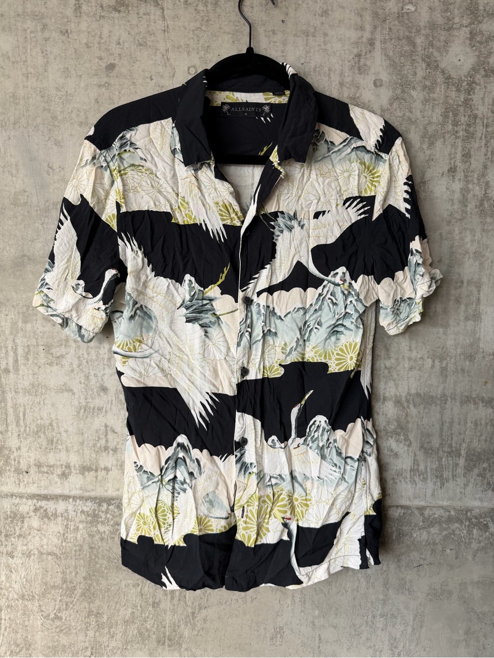 All Saints Black, White & Pale Green Crane-Print Short Sleeve Button Shirt